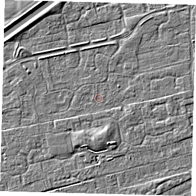 Shaded relief map of the ground around PE111RS, computed from Environment Agency LiDAR. The ground here sits at about 3 m above sea level and falls 5 m across the surrounding 800 m. Surface water reaching this point runs off ground lying to the south-south-east, 3.4 m higher.