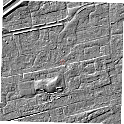 Shaded relief map of the ground around PE111RT, computed from Environment Agency LiDAR. The ground here sits at about 3 m above sea level and falls 5 m across the surrounding 800 m. Surface water reaching this point runs off ground lying to the east, 1.3 m higher.