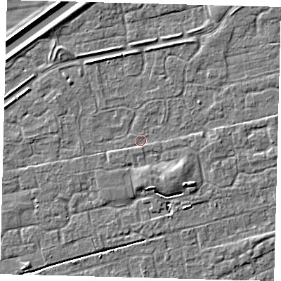 Shaded relief map of the ground around PE111RW, computed from Environment Agency LiDAR. The ground here sits at about 3 m above sea level and falls 5 m across the surrounding 800 m. Surface water reaching this point runs off ground lying to the south-east, 3.4 m higher.