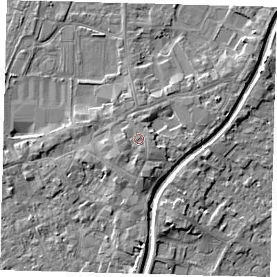Shaded relief map of the ground around PE111RY, computed from Environment Agency LiDAR. The ground here sits at about 6 m above sea level and falls 5 m across the surrounding 800 m. Surface water reaching this point runs off ground lying to the south-west, 1.7 m higher.