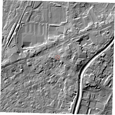 Shaded relief map of the ground around PE111SA, computed from Environment Agency LiDAR. The ground here sits at about 6 m above sea level and falls 5 m across the surrounding 800 m. Surface water reaching this point runs off ground lying to the east, 1.3 m higher.
