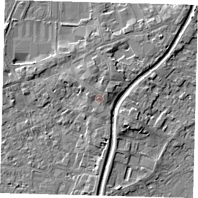 Shaded relief map of the ground around PE111SD, computed from Environment Agency LiDAR. The ground here sits at about 7 m above sea level and falls 5 m across the surrounding 800 m. Surface water reaching this point runs off ground lying to the north-north-east, 1.3 m higher.