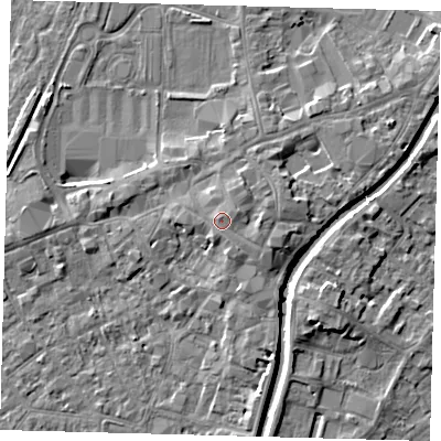 Shaded relief map of the ground around PE111SF, computed from Environment Agency LiDAR. The ground here sits at about 7 m above sea level and falls 5 m across the surrounding 800 m. Surface water reaching this point runs off ground lying to the east-north-east, 1.0 m higher.