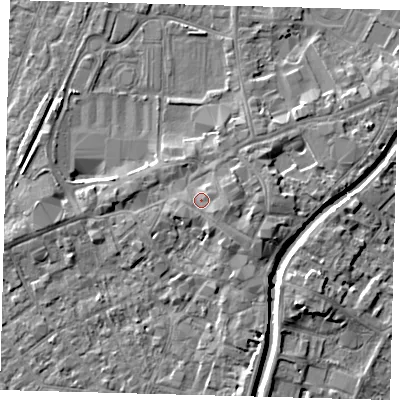Shaded relief map of the ground around PE111SG, computed from Environment Agency LiDAR. The ground here sits at about 6 m above sea level and falls 5 m across the surrounding 800 m. Surface water reaching this point runs off ground lying to the south-east, 1.7 m higher.