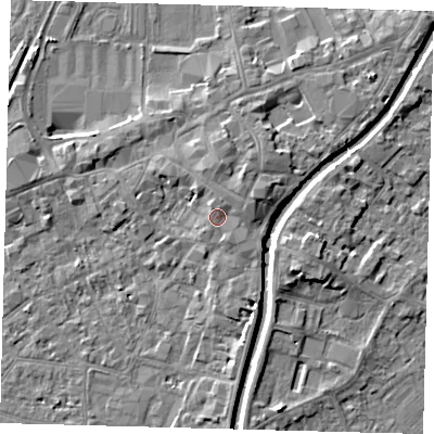 Shaded relief map of the ground around PE111SH, computed from Environment Agency LiDAR. The ground here sits at about 6 m above sea level and falls 5 m across the surrounding 800 m. Surface water reaching this point runs off ground lying to the east-north-east, 1.4 m higher.