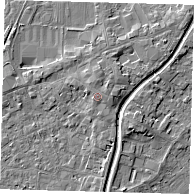 Shaded relief map of the ground around PE111SN, computed from Environment Agency LiDAR. The ground here sits at about 7 m above sea level and falls 5 m across the surrounding 800 m. The ground contributing surface water to this point lies to the east-north-east.