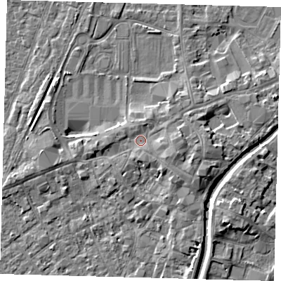 Shaded relief map of the ground around PE111SQ, computed from Environment Agency LiDAR. The ground here sits at about 5 m above sea level and falls 5 m across the surrounding 800 m. Surface water reaching this point runs off ground lying to the east-south-east, 2.3 m higher.
