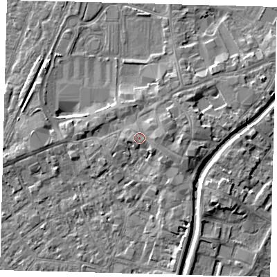 Shaded relief map of the ground around PE111SR, computed from Environment Agency LiDAR. The ground here sits at about 6 m above sea level and falls 5 m across the surrounding 800 m. Surface water reaching this point runs off ground lying to the east, 1.5 m higher.