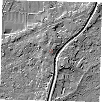 Shaded relief map of the ground around PE111SS, computed from Environment Agency LiDAR. The ground here sits at about 7 m above sea level and falls 5 m across the surrounding 800 m. Surface water reaching this point runs off ground lying to the north-north-east, 0.5 m higher.
