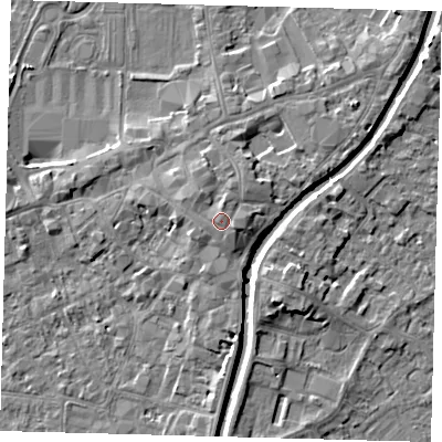 Shaded relief map of the ground around PE111ST, computed from Environment Agency LiDAR. The ground here sits at about 7 m above sea level and falls 5 m across the surrounding 800 m. Surface water reaching this point runs off ground lying to the east-south-east, 0.8 m higher.