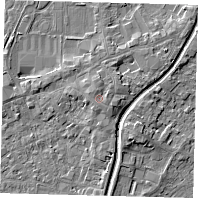 Shaded relief map of the ground around PE111SU, computed from Environment Agency LiDAR. The ground here sits at about 7 m above sea level and falls 5 m across the surrounding 800 m. Surface water reaching this point runs off ground lying to the north-north-west, 1.1 m higher.