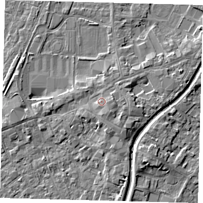 Shaded relief map of the ground around PE111SX, computed from Environment Agency LiDAR. The ground here sits at about 6 m above sea level and falls 5 m across the surrounding 800 m. Surface water reaching this point runs off ground lying to the south-south-east, 1.3 m higher.
