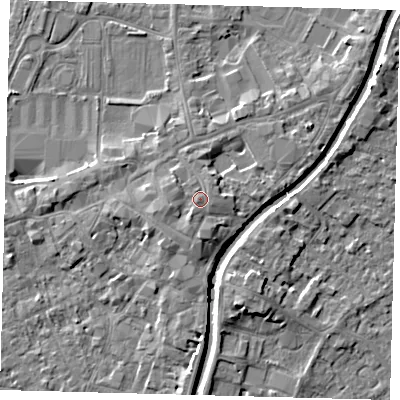 Shaded relief map of the ground around PE111TB, computed from Environment Agency LiDAR. The ground here sits at about 7 m above sea level and falls 5 m across the surrounding 800 m. Surface water reaching this point runs off ground lying to the west-south-west, 1.4 m higher.