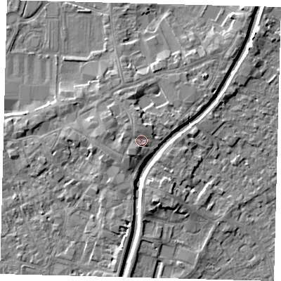 Shaded relief map of the ground around PE111TL, computed from Environment Agency LiDAR. The ground here sits at about 6 m above sea level and falls 5 m across the surrounding 800 m. Surface water reaching this point runs off ground lying to the south-west, 2.0 m higher.