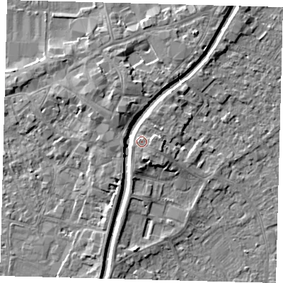 Shaded relief map of the ground around PE111TP, computed from Environment Agency LiDAR. The ground here sits at about 7 m above sea level and falls 5 m across the surrounding 800 m. Surface water reaching this point runs off ground lying to the south-east, 1.3 m higher.