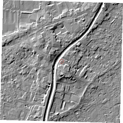 Shaded relief map of the ground around PE111TQ, computed from Environment Agency LiDAR. The ground here sits at about 6 m above sea level and falls 5 m across the surrounding 800 m. Surface water reaching this point runs off ground lying to the west-north-west, 4.4 m higher.