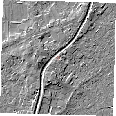 Shaded relief map of the ground around PE111TW, computed from Environment Agency LiDAR. The ground here sits at about 5 m above sea level and falls 6 m across the surrounding 800 m. Surface water reaching this point runs off ground lying to the west-south-west, 4.4 m higher.