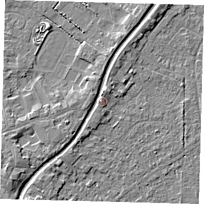 Shaded relief map of the ground around PE111TX, computed from Environment Agency LiDAR. The ground here sits at about 6 m above sea level and falls 5 m across the surrounding 800 m. Surface water reaching this point runs off ground lying to the north, 3.5 m higher.