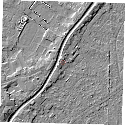 Shaded relief map of the ground around PE111UB, computed from Environment Agency LiDAR. The ground here sits at about 5 m above sea level and falls 5 m across the surrounding 800 m. Surface water reaching this point runs off ground lying to the west-north-west, 1.4 m higher.