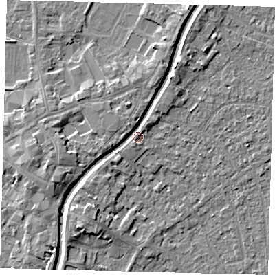 Shaded relief map of the ground around PE111UD, computed from Environment Agency LiDAR. The ground here sits at about 5 m above sea level and falls 5 m across the surrounding 800 m. Surface water reaching this point runs off ground lying to the north-north-east, 3.5 m higher.