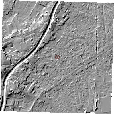 Shaded relief map of the ground around PE111UE, computed from Environment Agency LiDAR. The ground here sits at about 4 m above sea level and falls 6 m across the surrounding 800 m. Surface water reaching this point runs off ground lying to the west, 2.2 m higher.