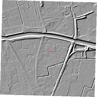 Shaded relief map of the ground around PE111UF, computed from Environment Agency LiDAR. The ground here sits at about 3 m above sea level and falls 8 m across the surrounding 800 m. Surface water reaching this point runs off ground lying to the south, 2.8 m higher.