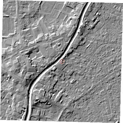 Shaded relief map of the ground around PE111UG, computed from Environment Agency LiDAR. The ground here sits at about 5 m above sea level and falls 5 m across the surrounding 800 m. Surface water reaching this point runs off ground lying to the north-north-east, 3.5 m higher.