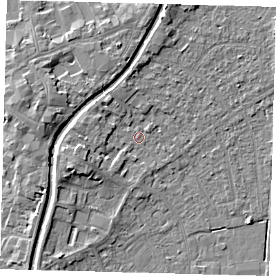 Shaded relief map of the ground around PE111UL, computed from Environment Agency LiDAR. The ground here sits at about 4 m above sea level and falls 6 m across the surrounding 800 m. Surface water reaching this point runs off ground lying to the west-south-west, 4.2 m higher.