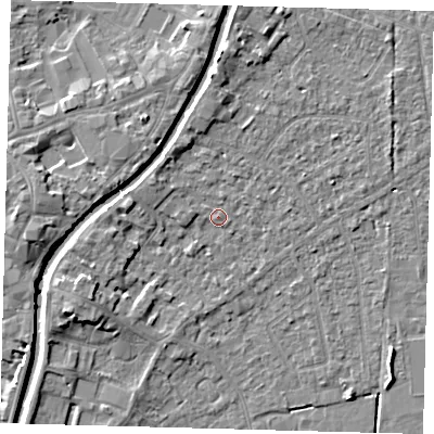 Shaded relief map of the ground around PE111UN, computed from Environment Agency LiDAR. The ground here sits at about 4 m above sea level and falls 6 m across the surrounding 800 m. Surface water reaching this point runs off ground lying to the west-north-west, 2.1 m higher.