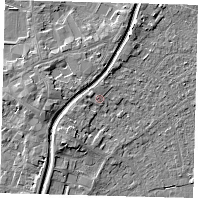 Shaded relief map of the ground around PE111UP, computed from Environment Agency LiDAR. The ground here sits at about 5 m above sea level and falls 6 m across the surrounding 800 m. Surface water reaching this point runs off ground lying to the west-north-west, 1.8 m higher.