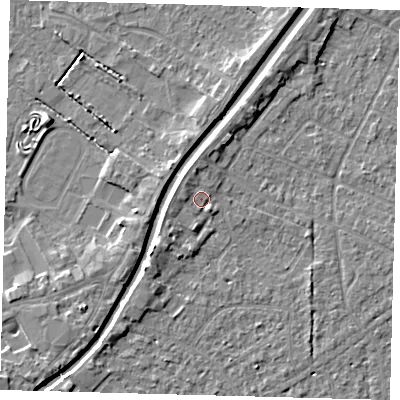 Shaded relief map of the ground around PE111UR, computed from Environment Agency LiDAR. The ground here sits at about 5 m above sea level and falls 4 m across the surrounding 800 m. Surface water reaching this point runs off ground lying to the west, 1.1 m higher.