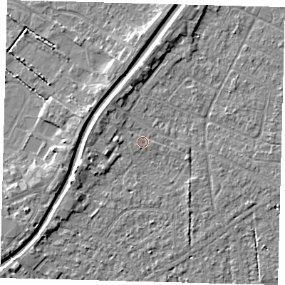 Shaded relief map of the ground around PE111UT, computed from Environment Agency LiDAR. The ground here sits at about 4 m above sea level and falls 4 m across the surrounding 800 m. Surface water reaching this point runs off ground lying to the west-north-west, 2.1 m higher.