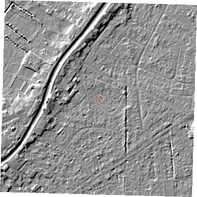 Shaded relief map of the ground around PE111UU, computed from Environment Agency LiDAR. The ground here sits at about 4 m above sea level and falls 4 m across the surrounding 800 m. Surface water reaching this point runs off ground lying to the west-south-west, 2.9 m higher.