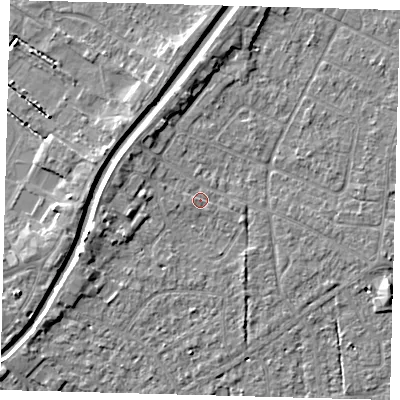 Shaded relief map of the ground around PE111UX, computed from Environment Agency LiDAR. The ground here sits at about 4 m above sea level and falls 4 m across the surrounding 800 m. Surface water reaching this point runs off ground lying to the west-north-west, 2.3 m higher.