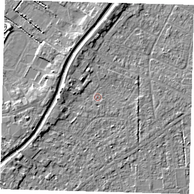 Shaded relief map of the ground around PE111UY, computed from Environment Agency LiDAR. The ground here sits at about 4 m above sea level and falls 5 m across the surrounding 800 m. Surface water reaching this point runs off ground lying to the west, 2.5 m higher.