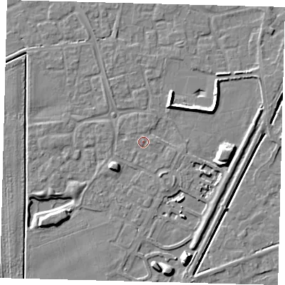 Shaded relief map of the ground around PE111WF, computed from Environment Agency LiDAR. The ground here sits at about 4 m above sea level and falls 10 m across the surrounding 800 m. Surface water reaching this point runs off ground lying to the east-south-east, 0.5 m higher.