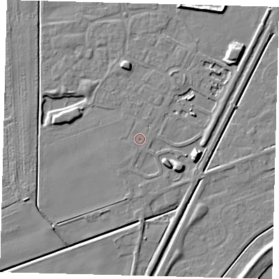 Shaded relief map of the ground around PE111WN, computed from Environment Agency LiDAR. The ground here sits at about 4 m above sea level and falls 11 m across the surrounding 800 m. Surface water reaching this point runs off ground lying to the east-north-east, 0.5 m higher.