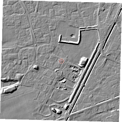 Shaded relief map of the ground around PE111WP, computed from Environment Agency LiDAR. The ground here sits at about 4 m above sea level and falls 10 m across the surrounding 800 m. Surface water reaching this point runs off ground lying to the south, 9.1 m higher.