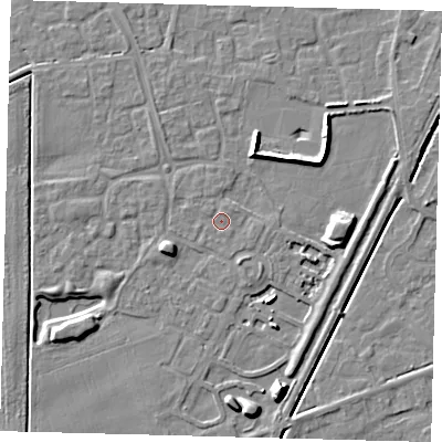 Shaded relief map of the ground around PE111WQ, computed from Environment Agency LiDAR. The ground here sits at about 4 m above sea level and falls 10 m across the surrounding 800 m. Surface water reaching this point runs off ground lying to the north, 0.5 m higher.