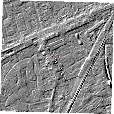 Shaded relief map of the ground around PE111WT, computed from Environment Agency LiDAR. The ground here sits at about 3 m above sea level and falls 7 m across the surrounding 800 m. Surface water reaching this point runs off ground lying to the south-west, 2.6 m higher.
