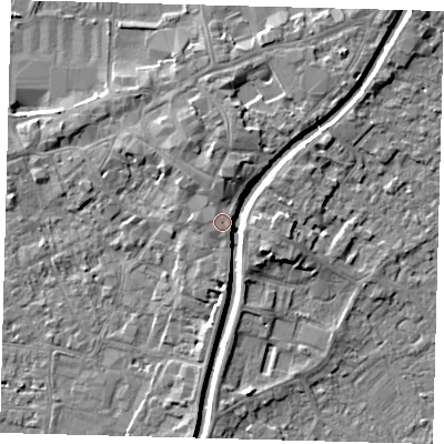 Shaded relief map of the ground around PE111XA, computed from Environment Agency LiDAR. The ground here sits at about 6 m above sea level and falls 5 m across the surrounding 800 m. Surface water reaching this point runs off ground lying to the north-north-west, 1.3 m higher.
