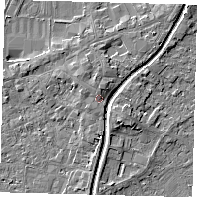Shaded relief map of the ground around PE111XG, computed from Environment Agency LiDAR. The ground here sits at about 6 m above sea level and falls 5 m across the surrounding 800 m. Surface water reaching this point runs off ground lying to the north-north-west, 1.7 m higher.