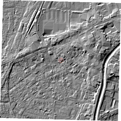 Shaded relief map of the ground around PE111XL, computed from Environment Agency LiDAR. The ground here sits at about 5 m above sea level and falls 5 m across the surrounding 800 m. Surface water reaching this point runs off ground lying to the north-east, 1.9 m higher.