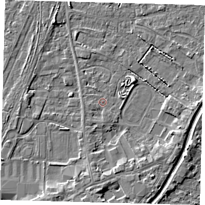 Shaded relief map of the ground around PE111XN, computed from Environment Agency LiDAR. The ground here sits at about 4 m above sea level and falls 4 m across the surrounding 800 m. Surface water reaching this point runs off ground lying to the west, 0.8 m higher.
