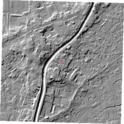 Shaded relief map of the ground around PE111XP, computed from Environment Agency LiDAR. The ground here sits at about 5 m above sea level and falls 6 m across the surrounding 800 m. Surface water reaching this point runs off ground lying to the south-south-west, 2.3 m higher.