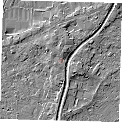 Shaded relief map of the ground around PE111XQ, computed from Environment Agency LiDAR. The ground here sits at about 6 m above sea level and falls 5 m across the surrounding 800 m. Surface water reaching this point runs off ground lying to the north, 1.5 m higher.