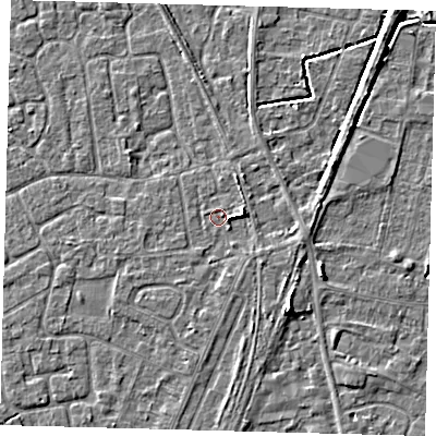 Shaded relief map of the ground around PE111XR, computed from Environment Agency LiDAR. The ground here sits at about 3 m above sea level and falls 5 m across the surrounding 800 m. Surface water reaching this point runs off ground lying to the east, 2.3 m higher.