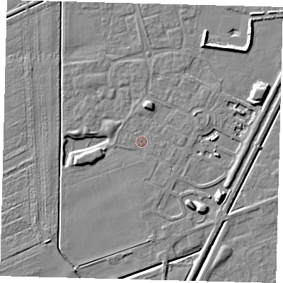 Shaded relief map of the ground around PE111XU, computed from Environment Agency LiDAR. The ground here sits at about 3 m above sea level and falls 11 m across the surrounding 800 m. Surface water reaching this point runs off ground lying to the north, 3.9 m higher.