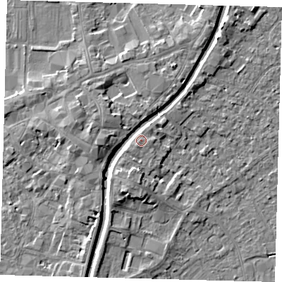 Shaded relief map of the ground around PE111XW, computed from Environment Agency LiDAR. The ground here sits at about 5 m above sea level and falls 5 m across the surrounding 800 m. Surface water reaching this point runs off ground lying to the west, 4.4 m higher.