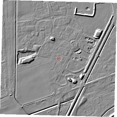 Shaded relief map of the ground around PE111XY, computed from Environment Agency LiDAR. The ground here sits at about 3 m above sea level and falls 11 m across the surrounding 800 m. Surface water reaching this point runs off ground lying to the east, 1.0 m higher.